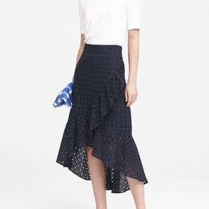 Banana Republic Navy Blue eyelet ruffle midi skirt